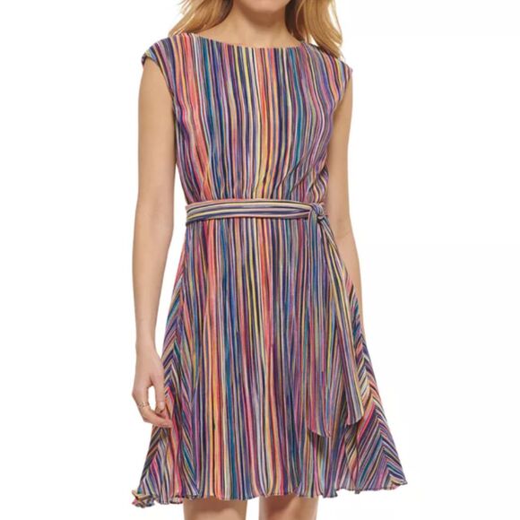 DKNY Striped Multicolored Pleated Midi Dress (14) in Iris Multi Rainbow
